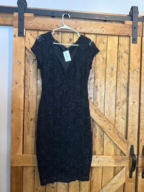 NWT connected apparel 10 sequins lace little black dress wired Deep V cut sexy!